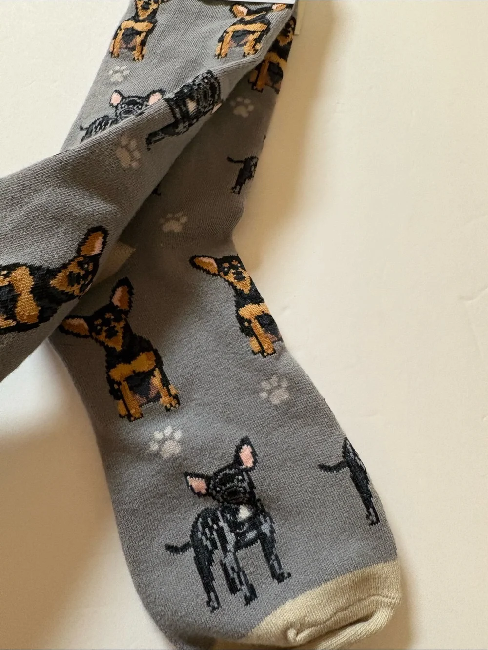 Happy Tails Novelty Dog Print Crew Socks - Gray with Tan Accents OSFM